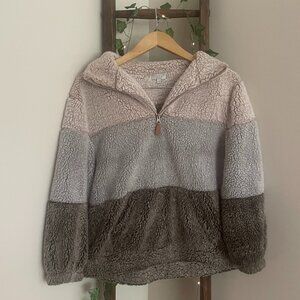 Colorblock Sherpa Quarter-Zip Pullover – Taupe, Gray & Mocha